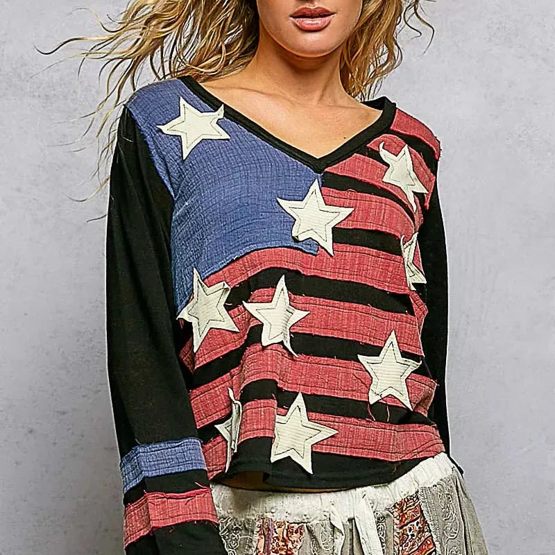 POL Stars & Threads American Flag Long Sleeve Shirt in Black-Women's Shirts & Tops-Shop Z & Joxa