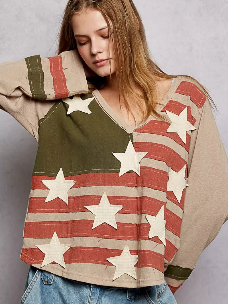 POL Stars & Threads American Flag Long Sleeve Shirt in Mocha-Shop Z & Joxa