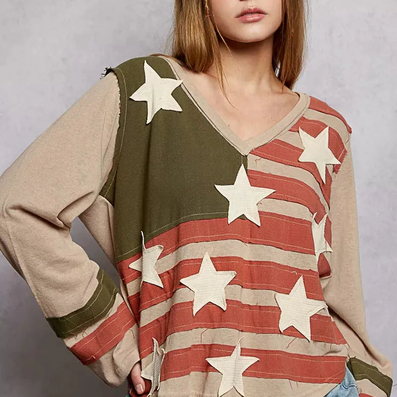 POL Stars & Threads American Flag Long Sleeve Shirt in Mocha-Shop Z & Joxa