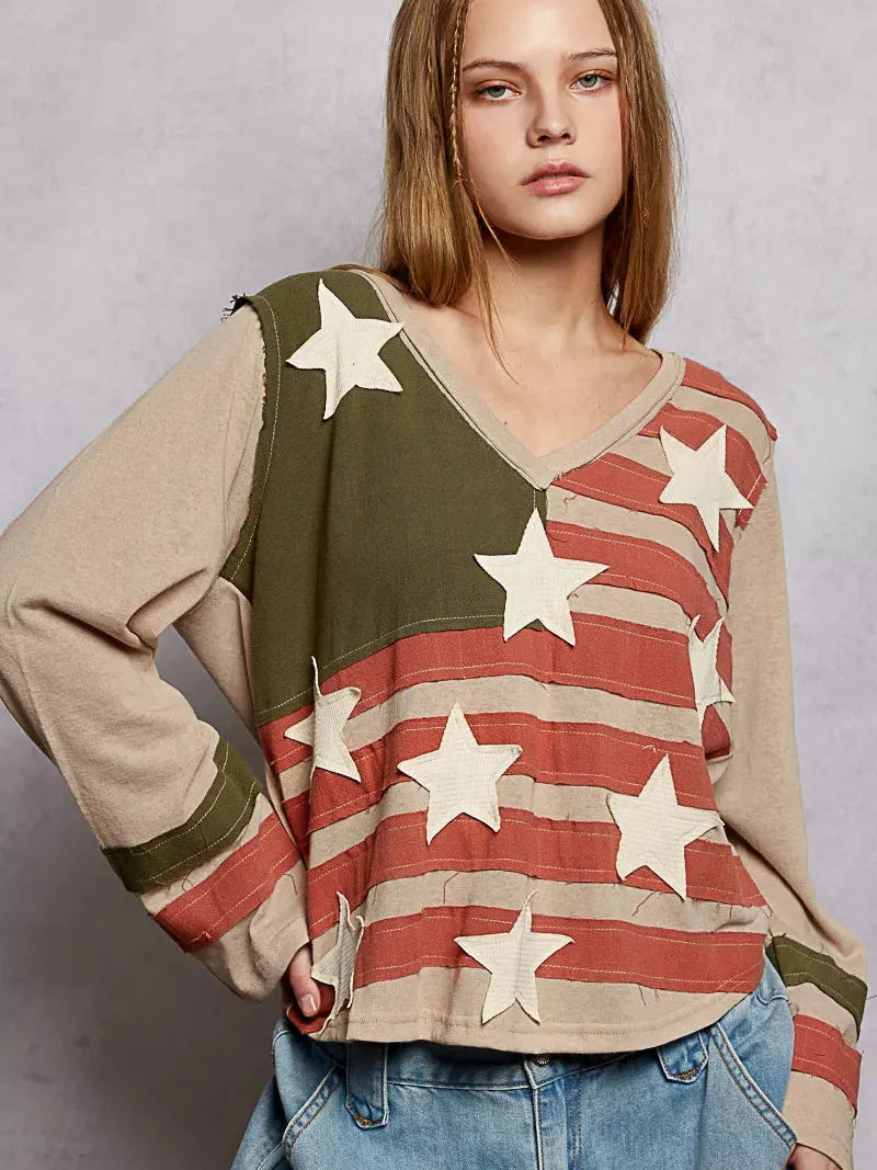 POL Stars & Threads American Flag Long Sleeve Shirt in Mocha-Shop Z & Joxa