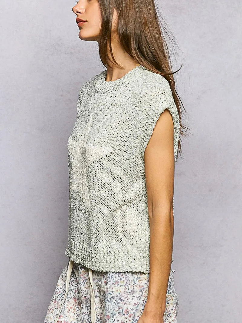 POL Sweet Sage Round Neck Popcorn Knit Top with Star Motif-Women's Shirts & Tops-Shop Z & Joxa