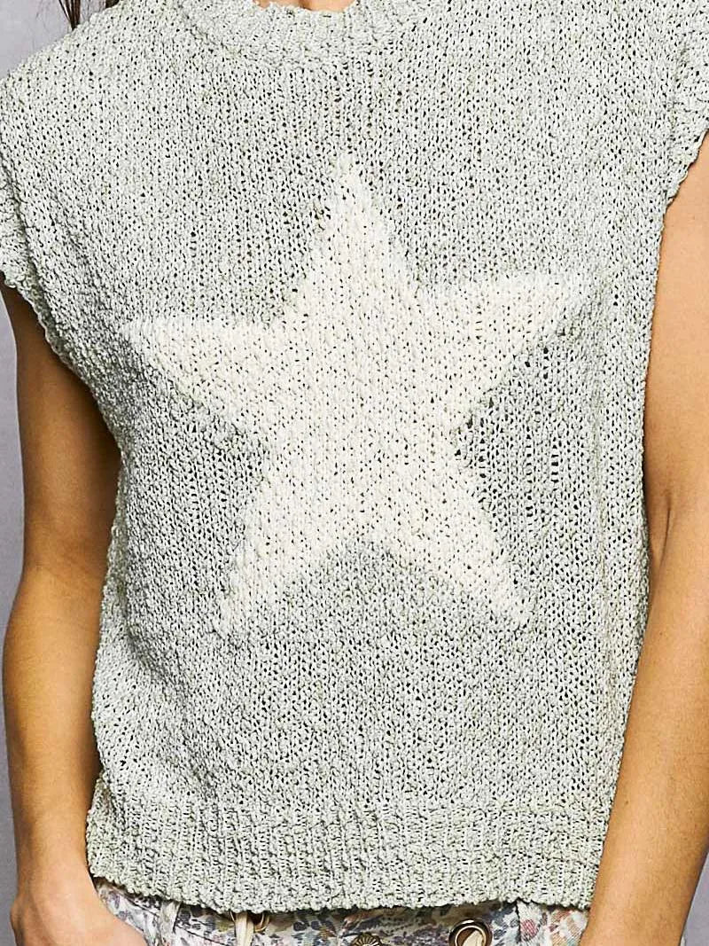 POL Sweet Sage Round Neck Popcorn Knit Top with Star Motif-Women's Shirts & Tops-Shop Z & Joxa