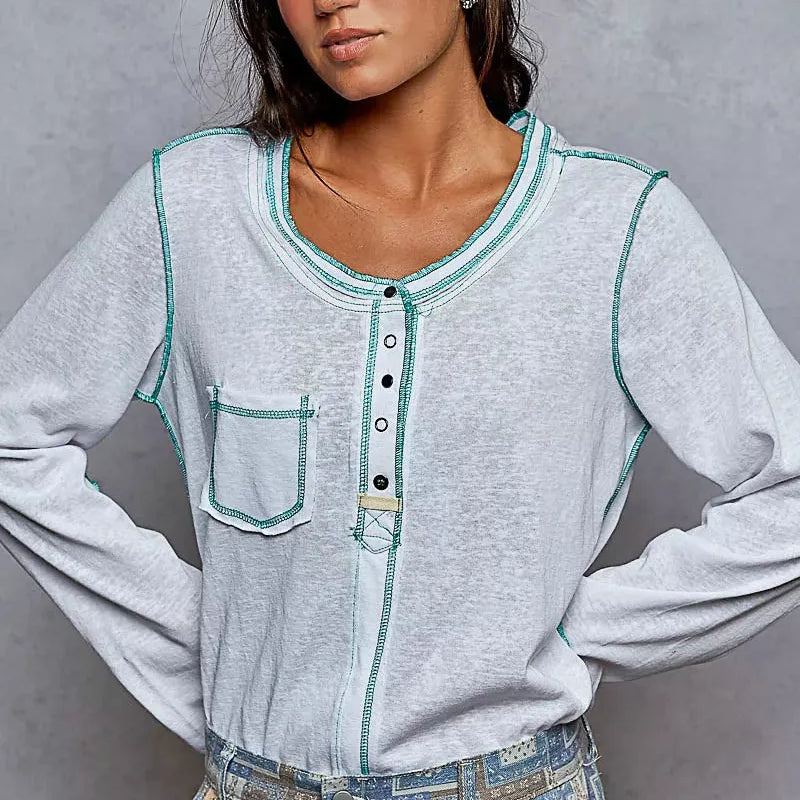 POL Sweet Stitch Story Long Sleeve Top with Contrast Stitching-Women's Shirts & Tops-Shop Z & Joxa
