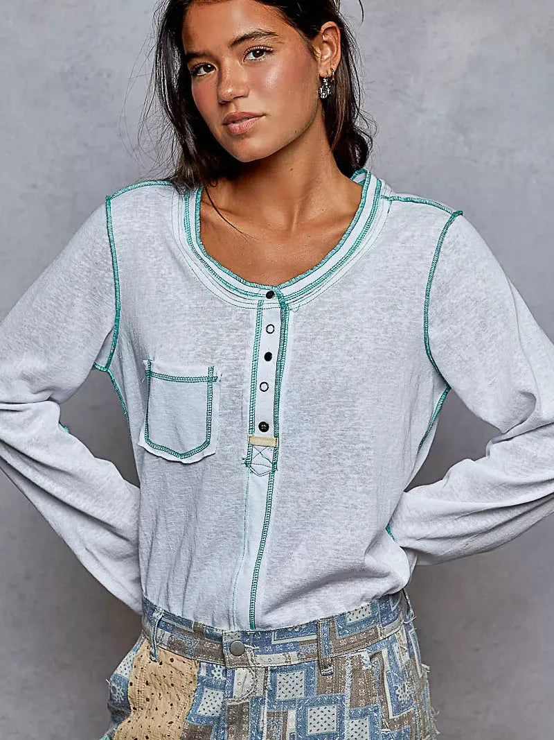 POL Sweet Stitch Story Long Sleeve Top with Contrast Stitching-Women's Shirts & Tops-Shop Z & Joxa