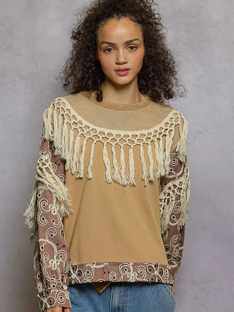 POL Tassel Talk Floral Print Balloon Sleeve Top with Tassels-Women's Shirts & Tops-Shop Z & Joxa