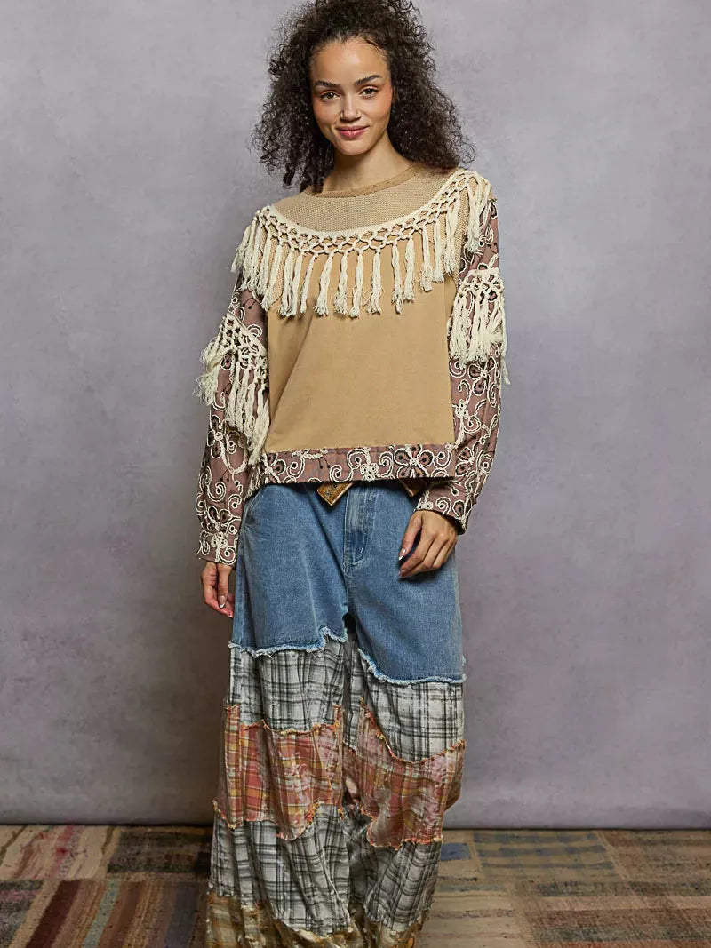 POL Tassel Talk Floral Print Balloon Sleeve Top with Tassels-Women's Shirts & Tops-Shop Z & Joxa