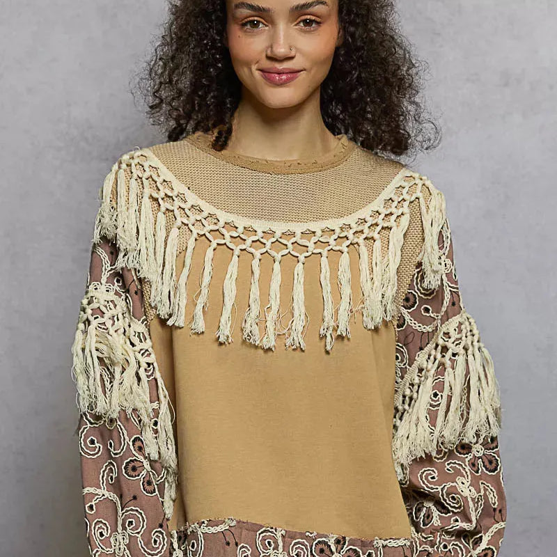 POL Tassel Talk Floral Print Balloon Sleeve Top with Tassels-Women's Shirts & Tops-Shop Z & Joxa