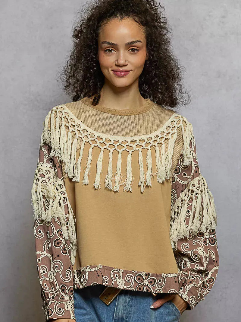 POL Tassel Talk Floral Print Balloon Sleeve Top with Tassels-Women's Shirts & Tops-Shop Z & Joxa