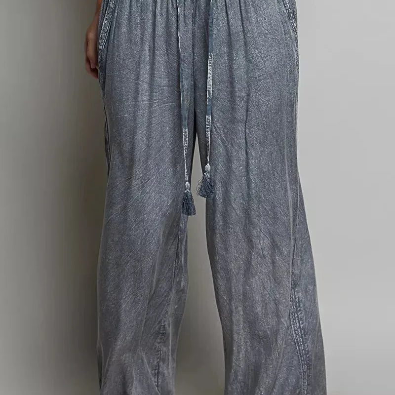POL Tassel Trails Drawstring Embroidered Wide Leg Pants-Women's Pants-Shop Z & Joxa