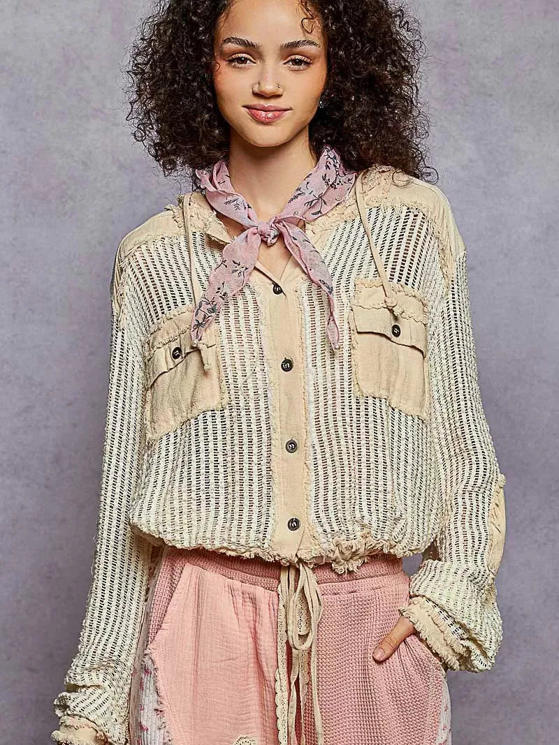 POL Vanilla Drift Textured Button up Cropped Hooded Shirt-Women's Shirts & Tops-Shop Z & Joxa