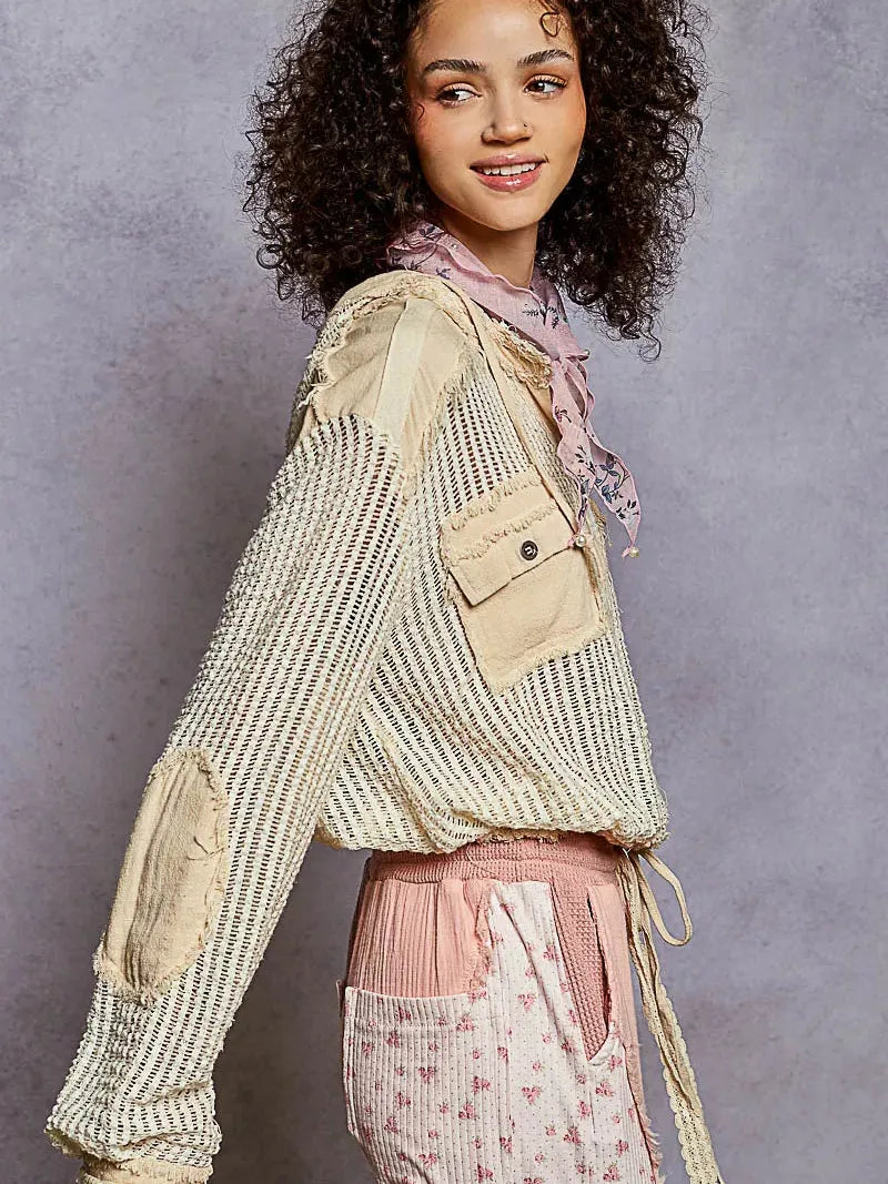 POL Vanilla Drift Textured Button up Cropped Hooded Shirt-Women's Shirts & Tops-Shop Z & Joxa