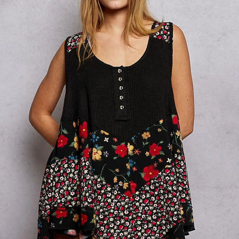 POL Vintage Vibe Ribbed Tank with Floral Patch in Black-Shirts & Tops-Shop Z & Joxa