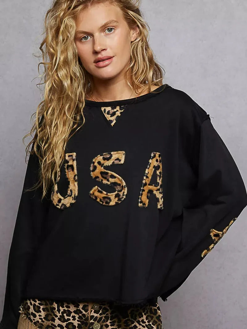 POL Wild Heart USA Animal Print Long Sleeve Terry Sweatshirt-Women's Shirts & Tops-Shop Z & Joxa