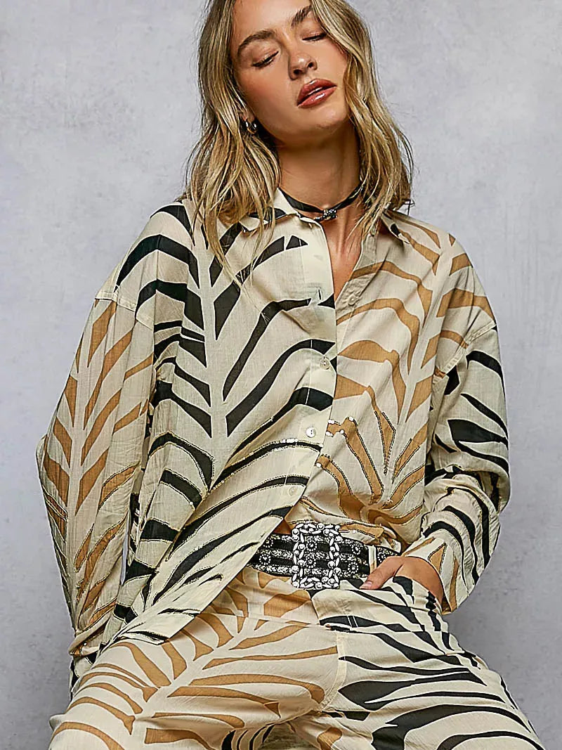 POL Wild Shine Two-Tone Printed Zebra Spangle Long Sleeve Shirt-Women's Shirts & Tops-Shop Z & Joxa