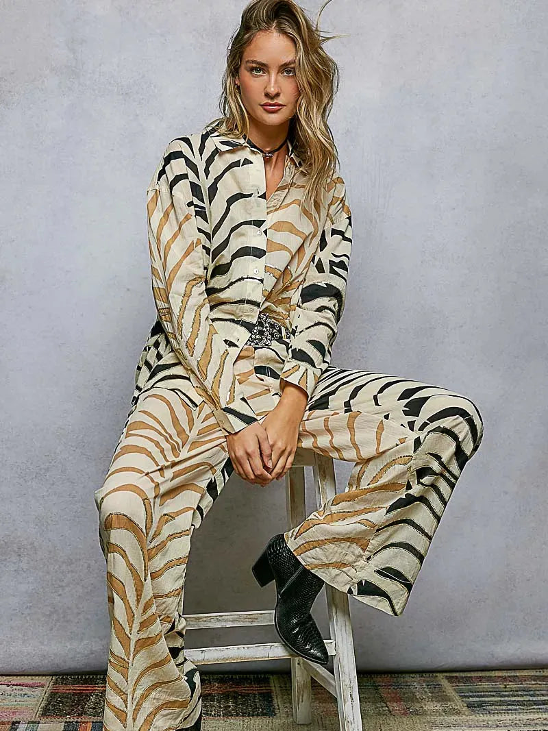 POL Wild Shine Two-Tone Printed Zebra Spangle Long Sleeve Shirt-Women's Shirts & Tops-Shop Z & Joxa