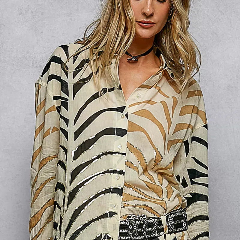 POL Wild Shine Two-Tone Printed Zebra Spangle Long Sleeve Shirt-Women's Shirts & Tops-Shop Z & Joxa