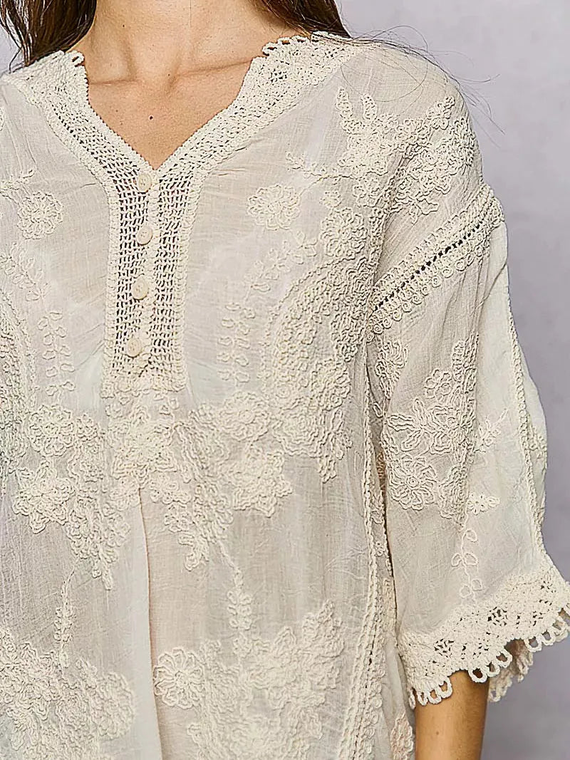POL Wildflower Weave Floral Embroidered Top with Trim Edge-Women's Shirts & Tops-Shop Z & Joxa