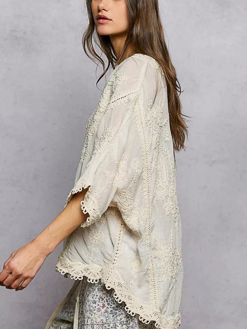 POL Wildflower Weave Floral Embroidered Top with Trim Edge-Women's Shirts & Tops-Shop Z & Joxa