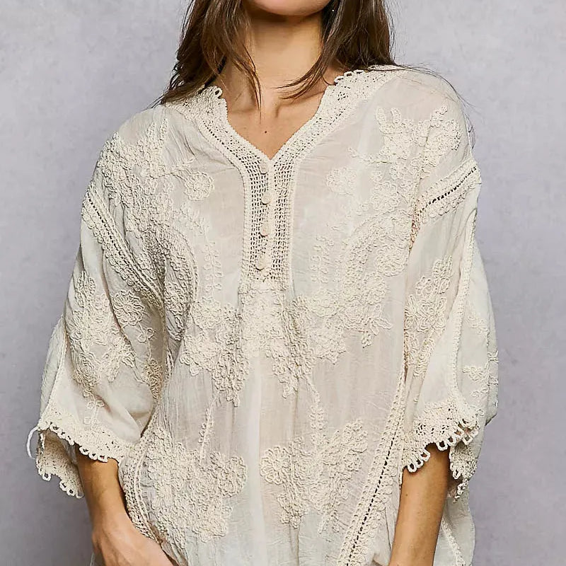 POL Wildflower Weave Floral Embroidered Top with Trim Edge-Women's Shirts & Tops-Shop Z & Joxa