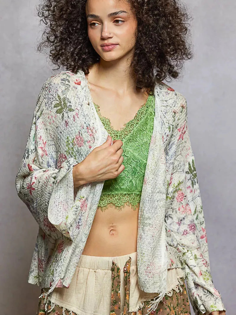 POL Wildflower Wrap Open Front Floral Cardigan with Fringe-Women's Shirts & Tops-Shop Z & Joxa