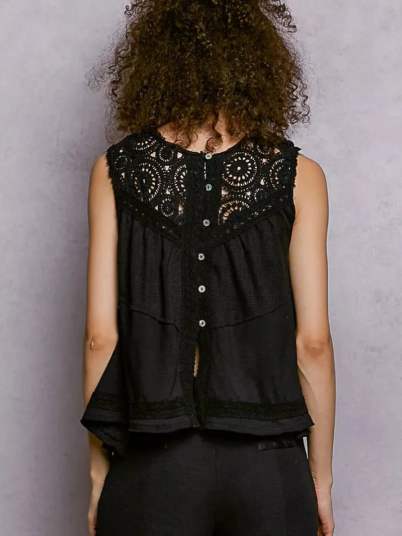 POL Woven Whisper Crochet Contrast Sleeveless Top in Black-Women's Shirts & Tops-Shop Z & Joxa