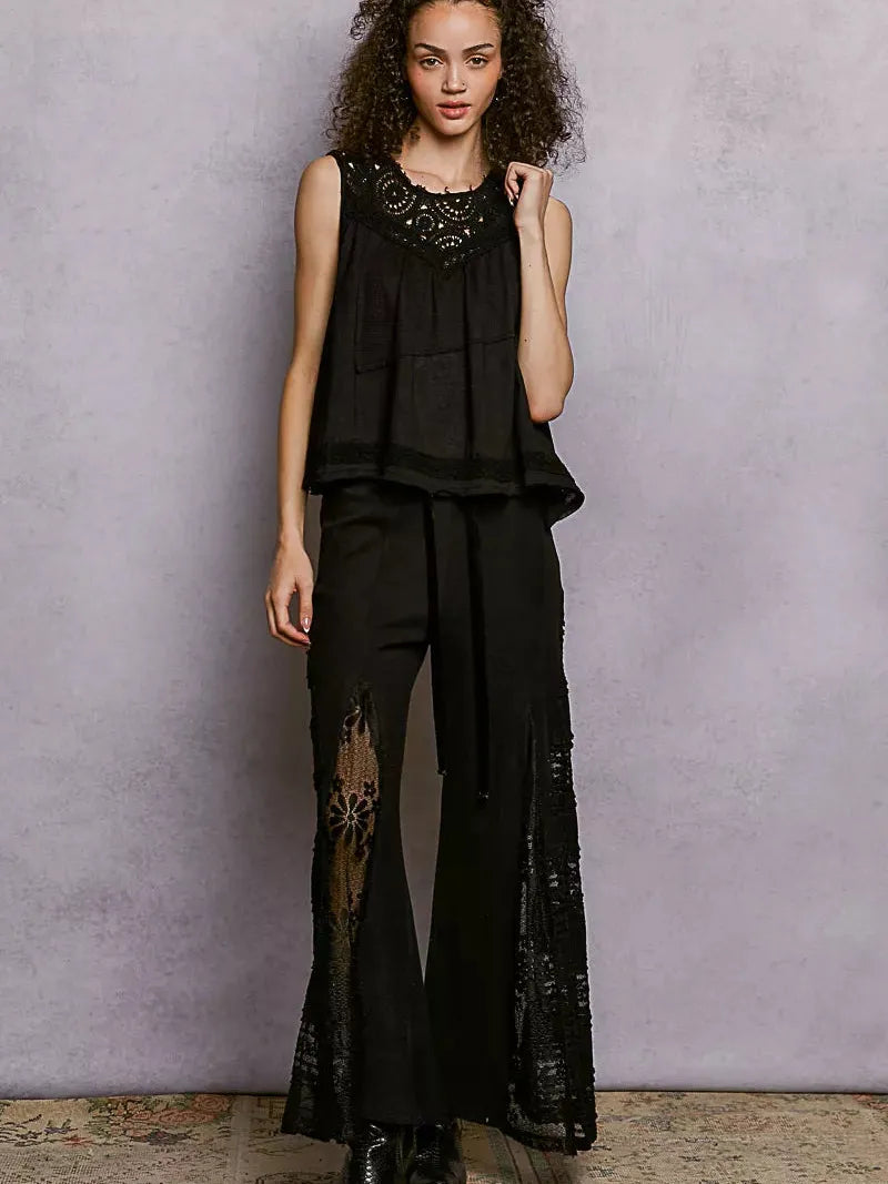 POL Woven Whisper Crochet Contrast Sleeveless Top in Black-Women's Shirts & Tops-Shop Z & Joxa