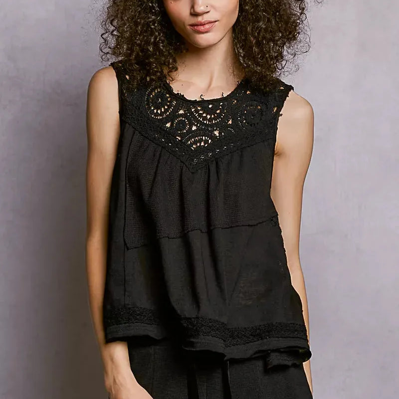 POL Woven Whisper Crochet Contrast Sleeveless Top in Black-Women's Shirts & Tops-Shop Z & Joxa