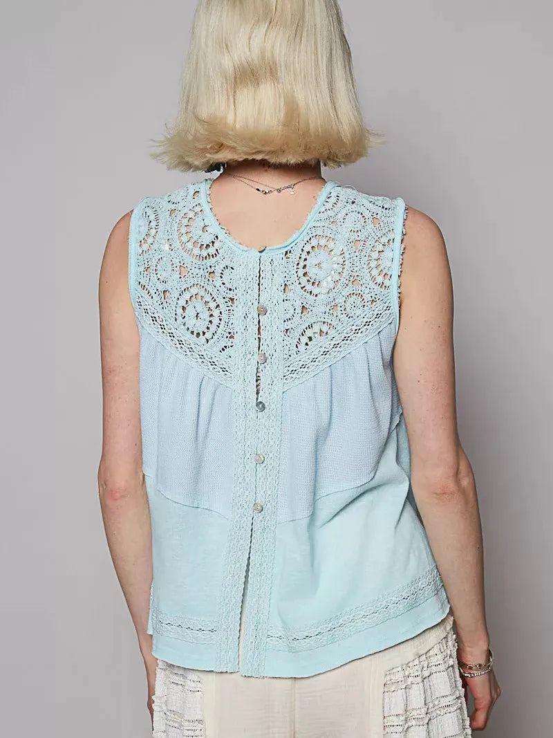 POL Woven Whisper Crochet Contrast Sleeveless Top in Blue-Women's Shirts & Tops-Shop Z & Joxa