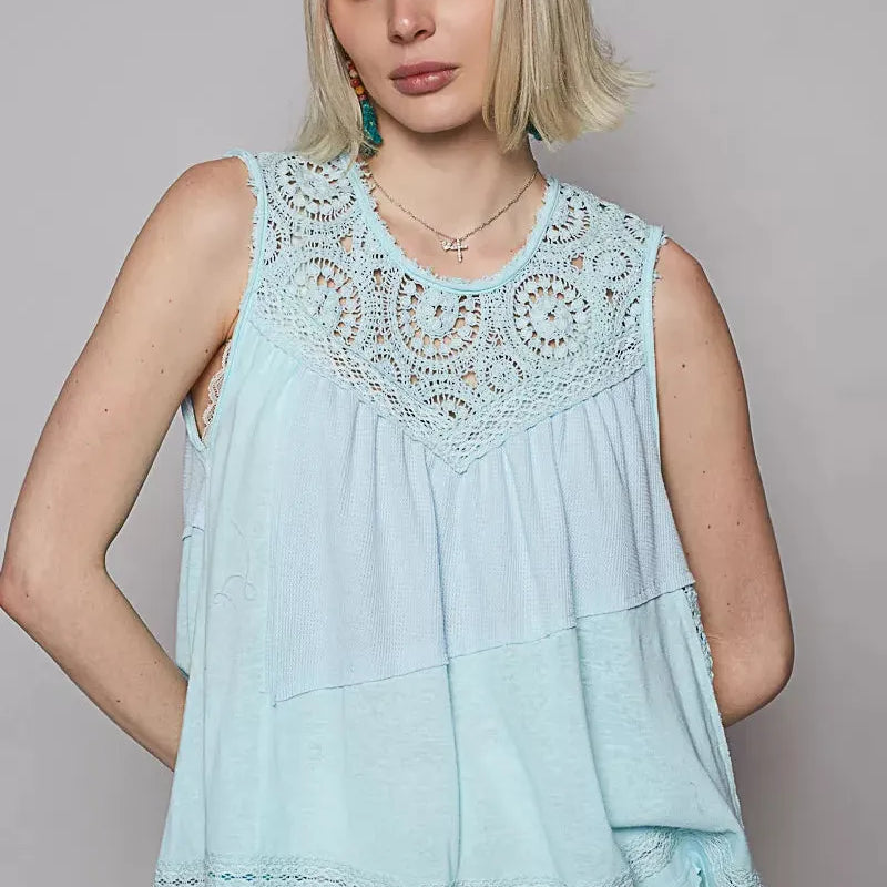 POL Woven Whisper Crochet Contrast Sleeveless Top in Blue-Women's Shirts & Tops-Shop Z & Joxa