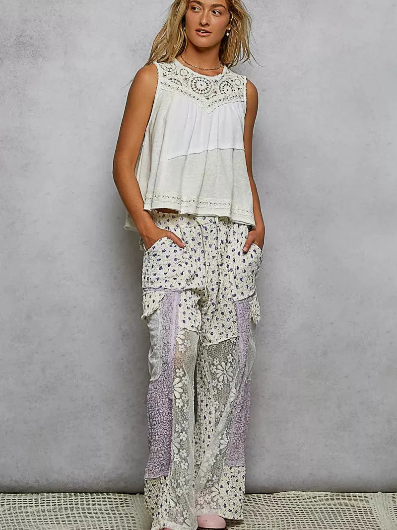 POL Woven Whisper Crochet Contrast Sleeveless Top in White-Women's Shirts & Tops-Shop Z & Joxa