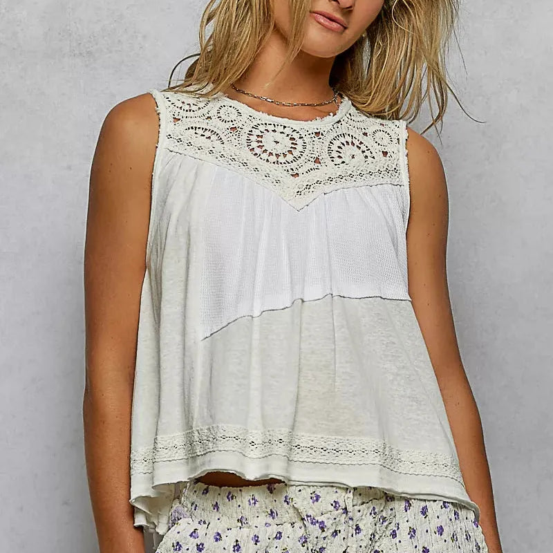 POL Woven Whisper Crochet Contrast Sleeveless Top in White-Women's Shirts & Tops-Shop Z & Joxa
