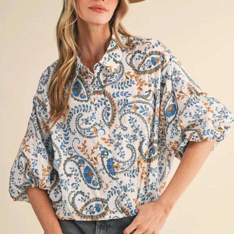 Paisley Daydream Teal Blue Paisley Bubble Sleeve Button Down Top-Women's Shirts & Tops-Shop Z & Joxa
