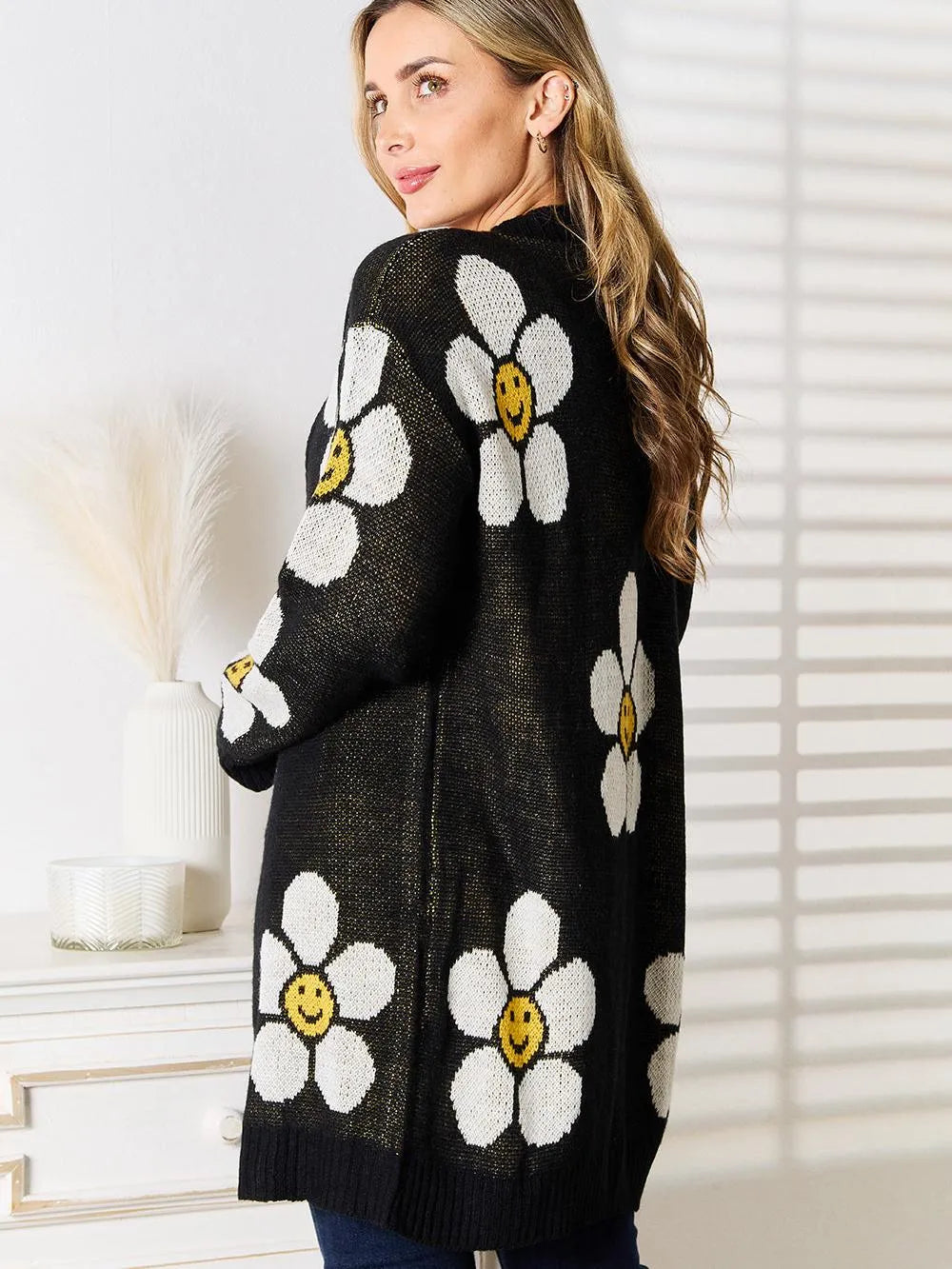 Perfee Black Daisy Delight Floral Button Down Long Cardigan-Women's Shirts & Tops-Shop Z & Joxa
