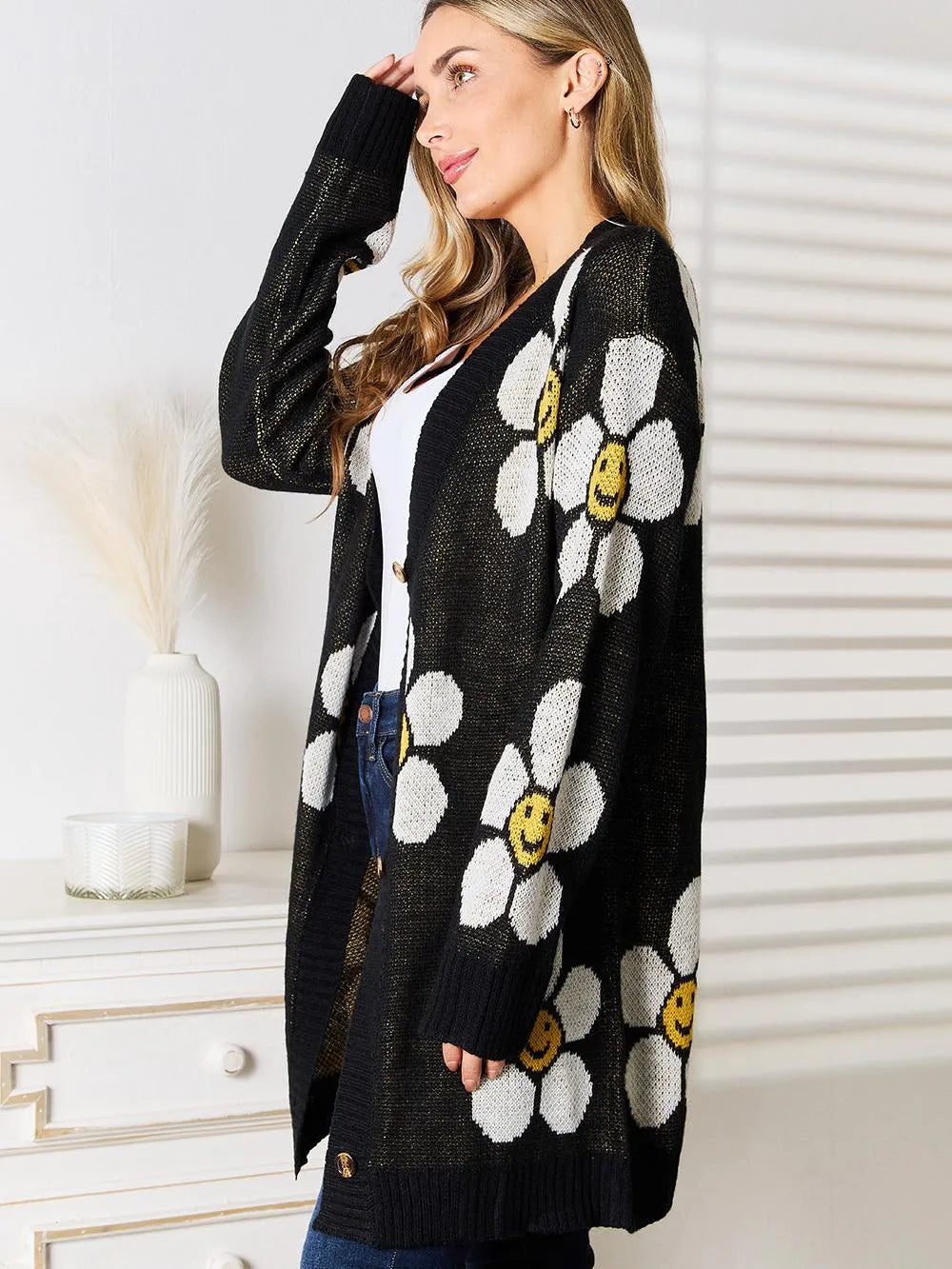 Perfee Black Daisy Delight Floral Button Down Long Cardigan-Women's Shirts & Tops-Shop Z & Joxa