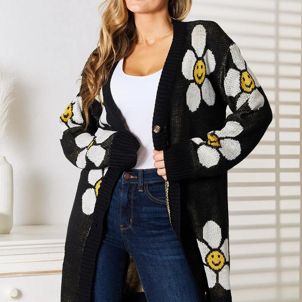 Perfee Black Daisy Delight Floral Button Down Long Cardigan-Women's Shirts & Tops-Shop Z & Joxa