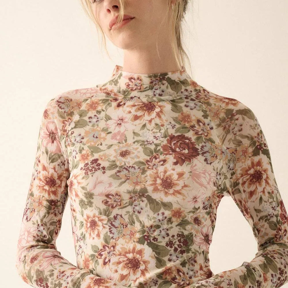 Petal Poetry Vintage Floral Mesh Long Sleeve Mock Neck Top-Women's Shirts & Tops-Shop Z & Joxa