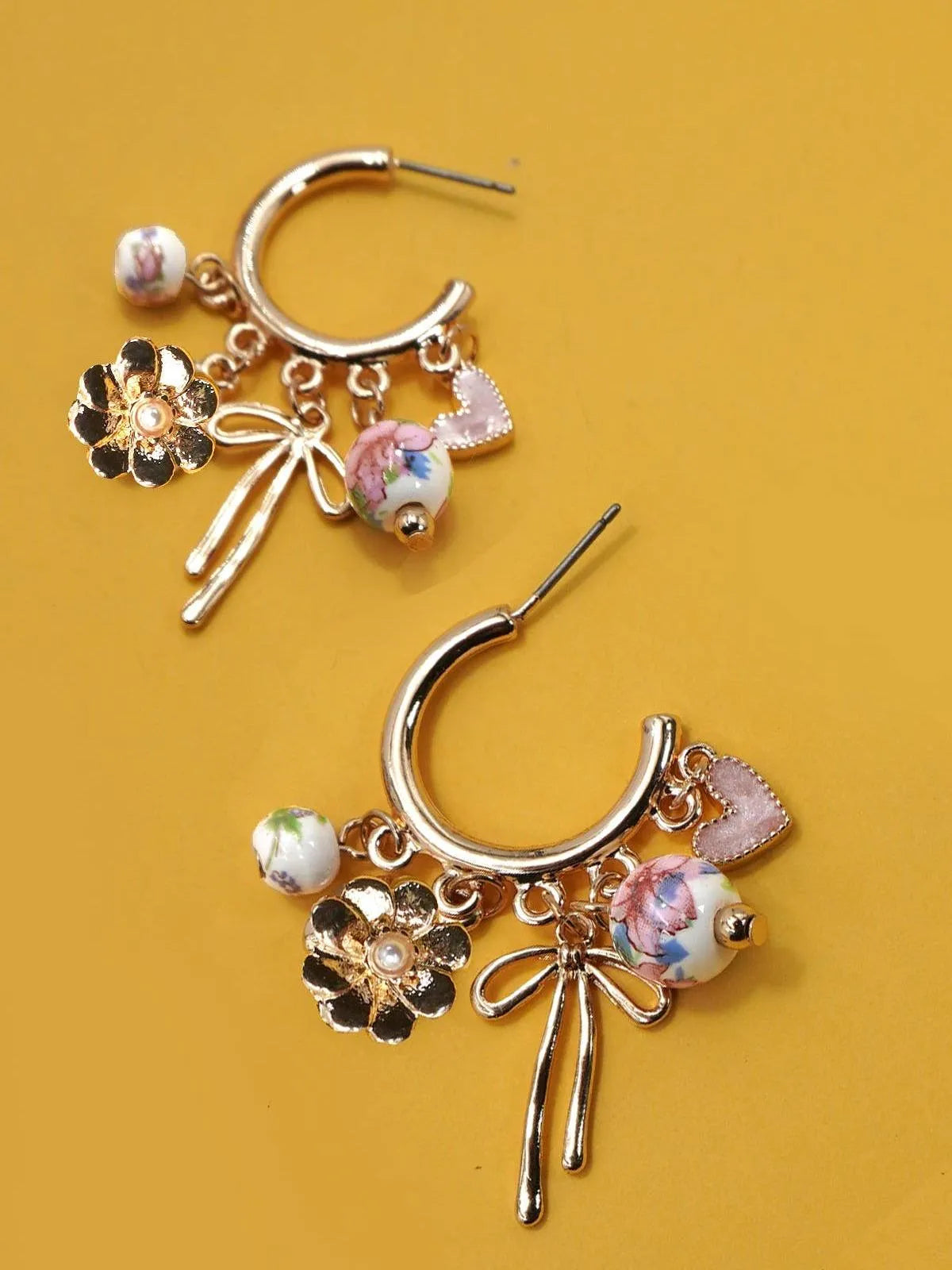 Petal Poise Porcelain Bow Charm Drop Hoop Earrings-Women's Accessories-Shop Z & Joxa
