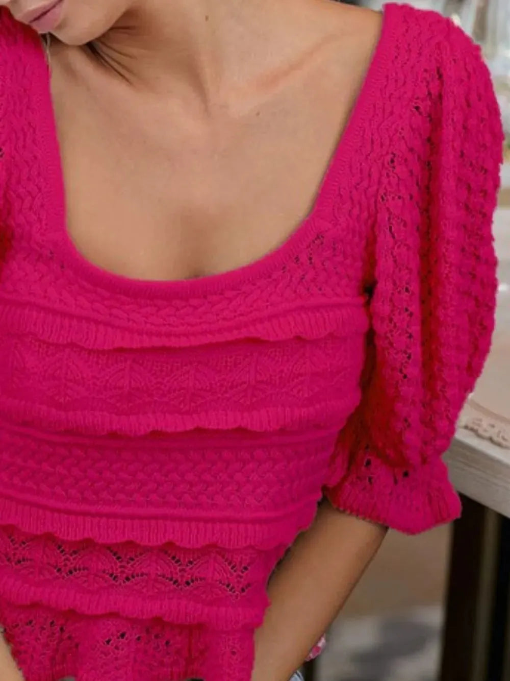 Pink Daydream Square Neck Crochet Top with Puff Sleeves-Women's Shirts & Tops-Shop Z & Joxa