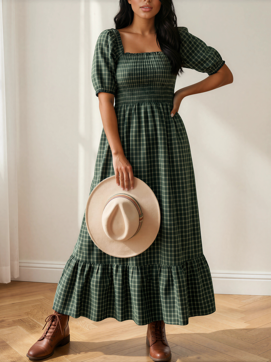 Plaid About You Square Neck Shirred High Waist Ruffle Hem Dress-Women's Dresses-Shop Z & Joxa