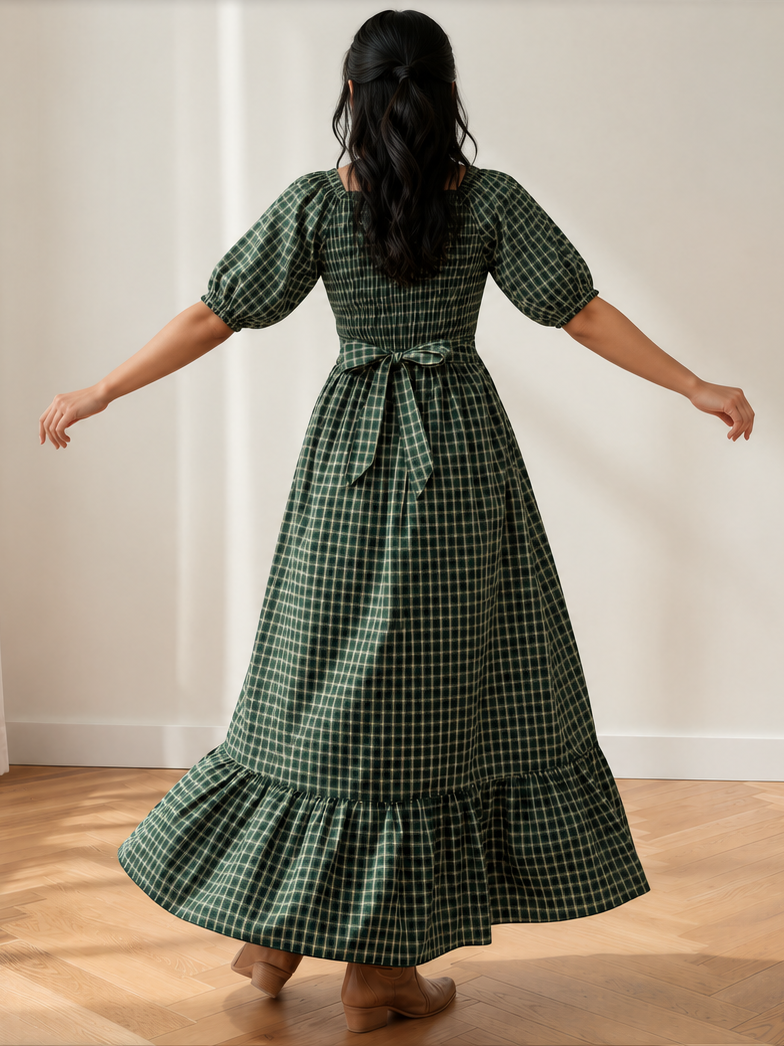 Plaid About You Square Neck Shirred High Waist Ruffle Hem Dress-Women's Dresses-Shop Z & Joxa
