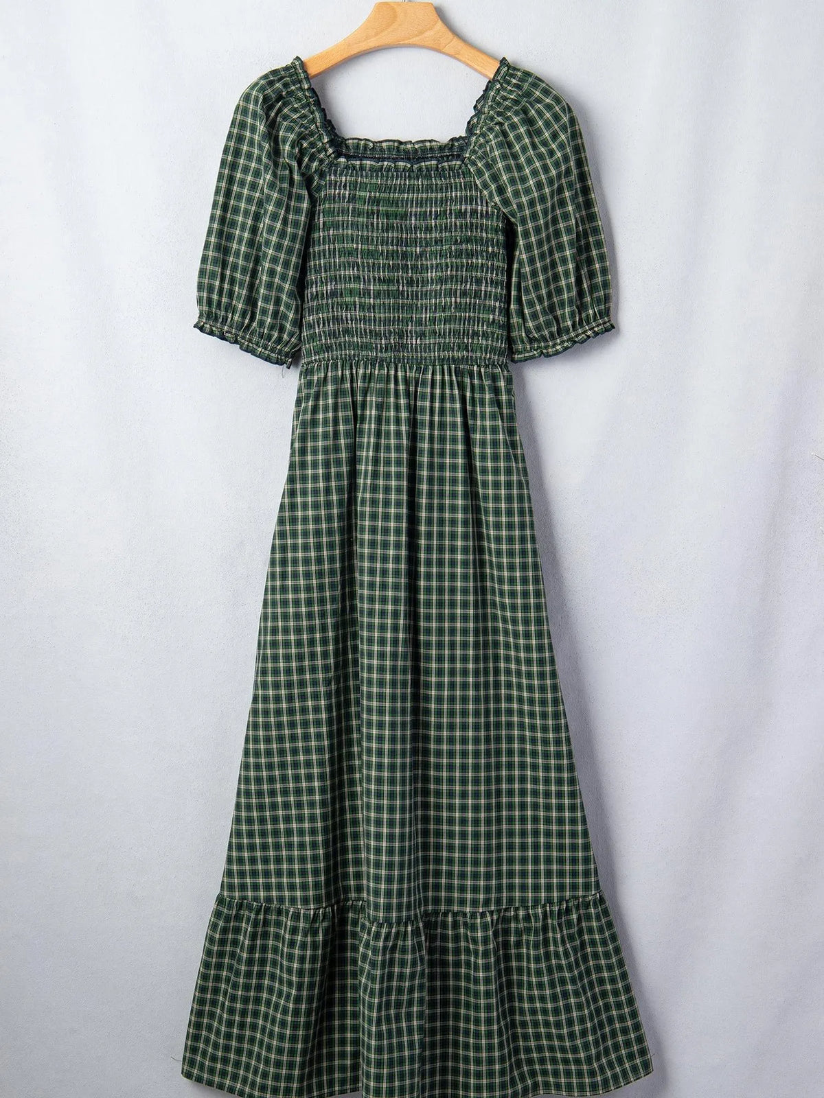 Plaid About You Square Neck Shirred High Waist Ruffle Hem Dress-Women's Dresses-Shop Z & Joxa