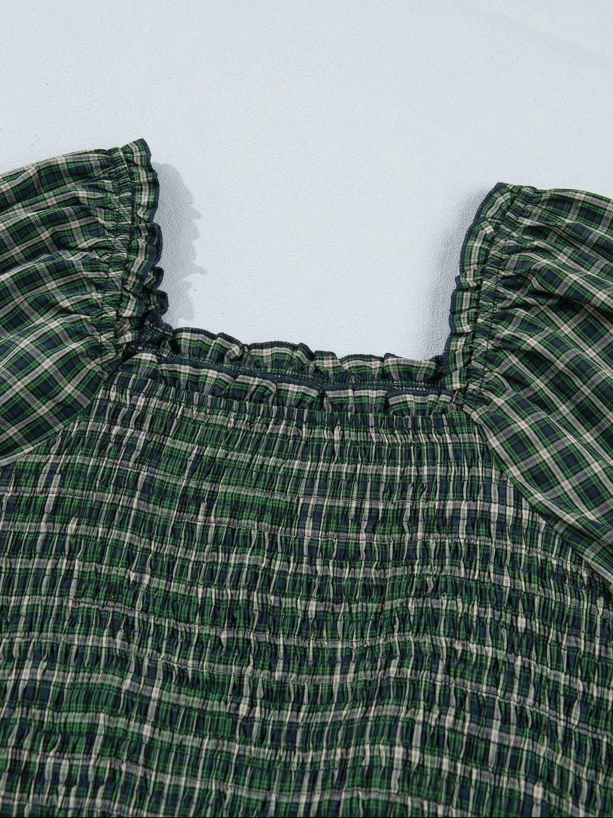 Plaid About You Square Neck Shirred High Waist Ruffle Hem Dress-Women's Dresses-Shop Z & Joxa