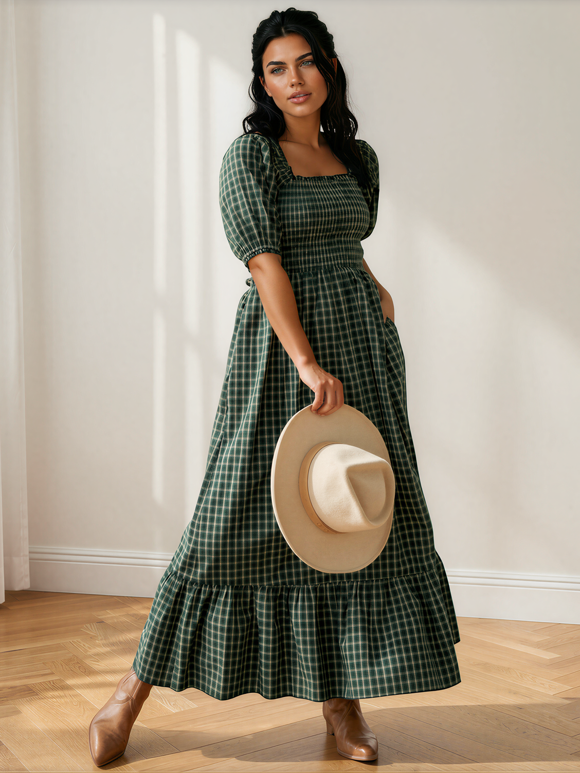 Plaid About You Square Neck Shirred High Waist Ruffle Hem Dress-Women's Dresses-Shop Z & Joxa