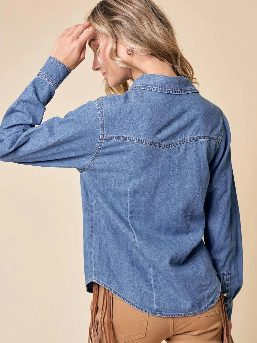 Playful Cowgirl Medium Wash Snap Button Western Denim Shirt-Women's Shirts & Tops-Shop Z & Joxa