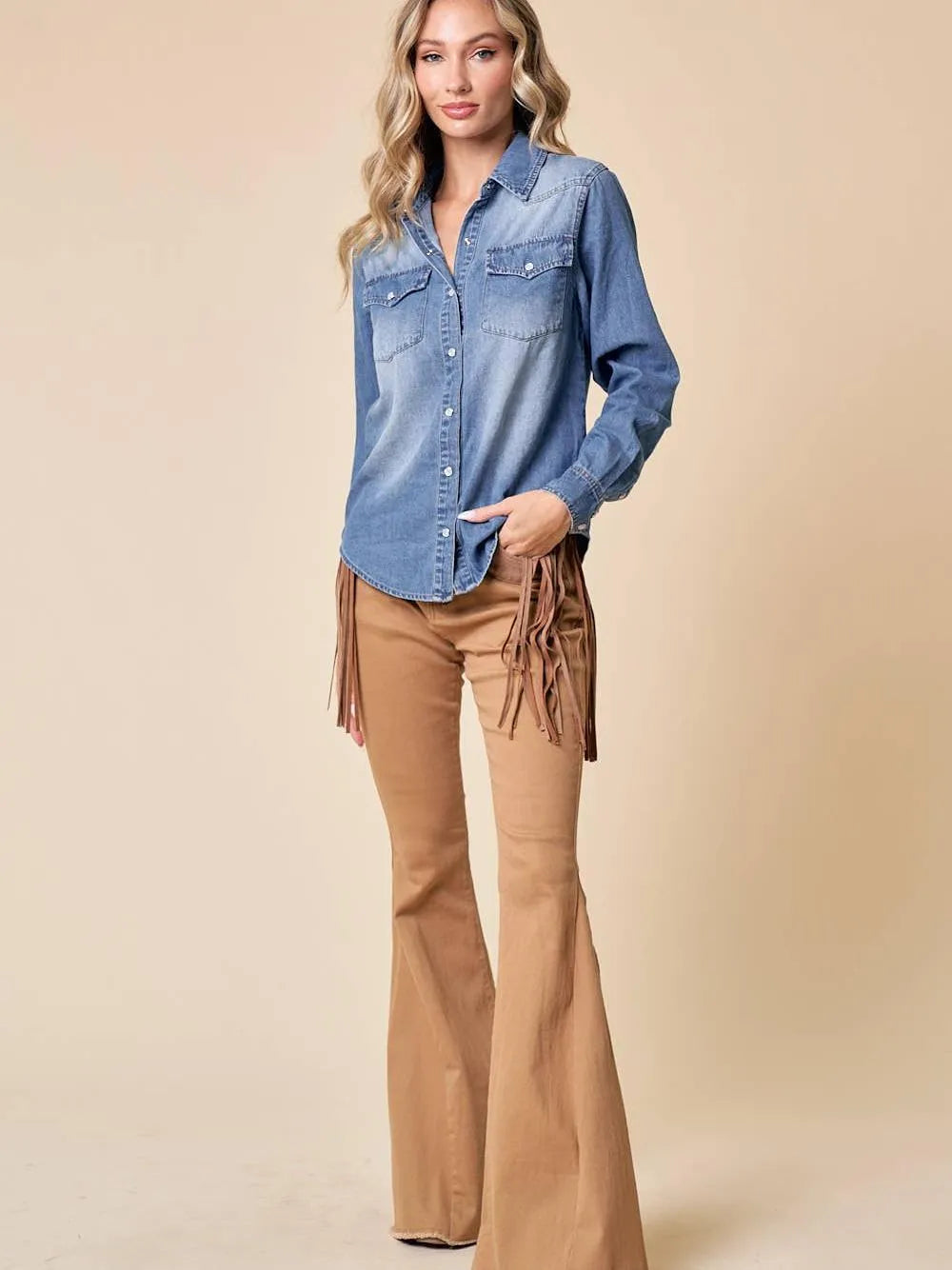 Playful Cowgirl Medium Wash Snap Button Western Denim Shirt-Women's Shirts & Tops-Shop Z & Joxa