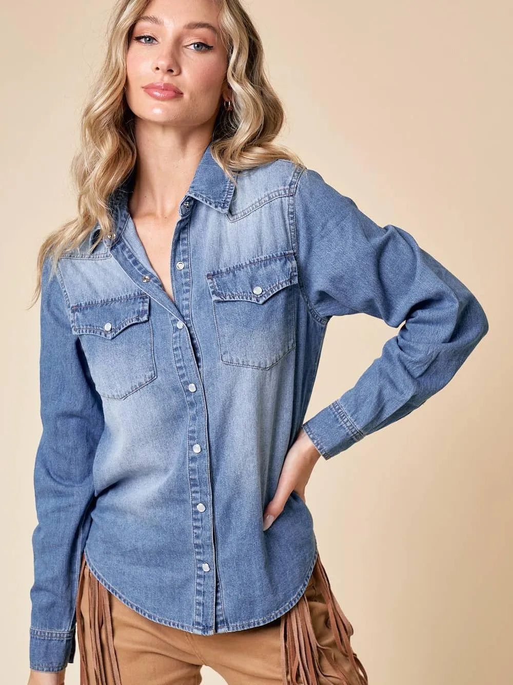 Playful Cowgirl Medium Wash Snap Button Western Denim Shirt-Women's Shirts & Tops-Shop Z & Joxa