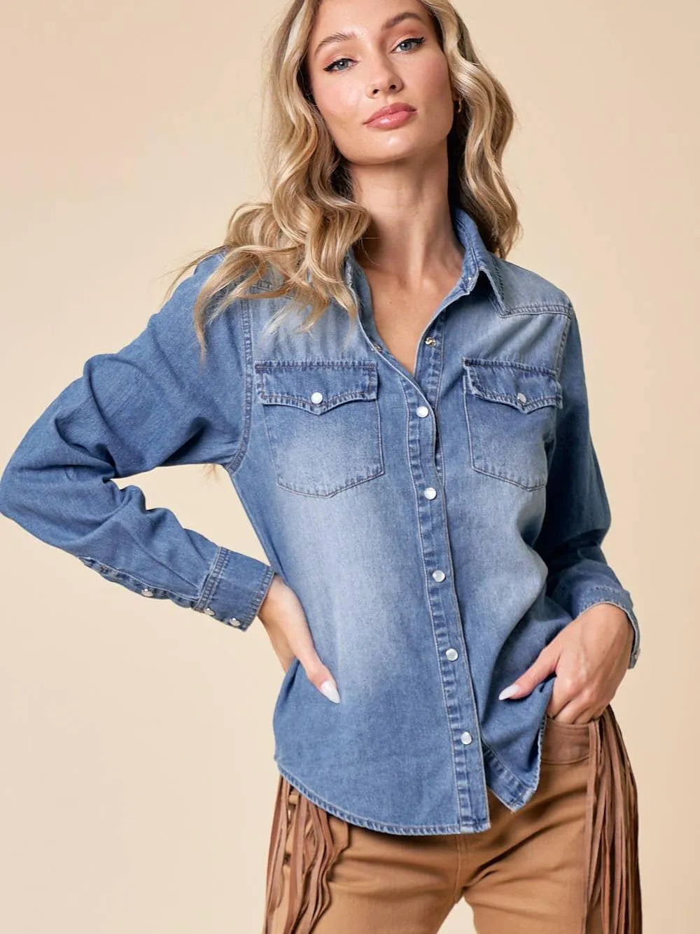 Playful Cowgirl Medium Wash Snap Button Western Denim Shirt-Women's Shirts & Tops-Shop Z & Joxa