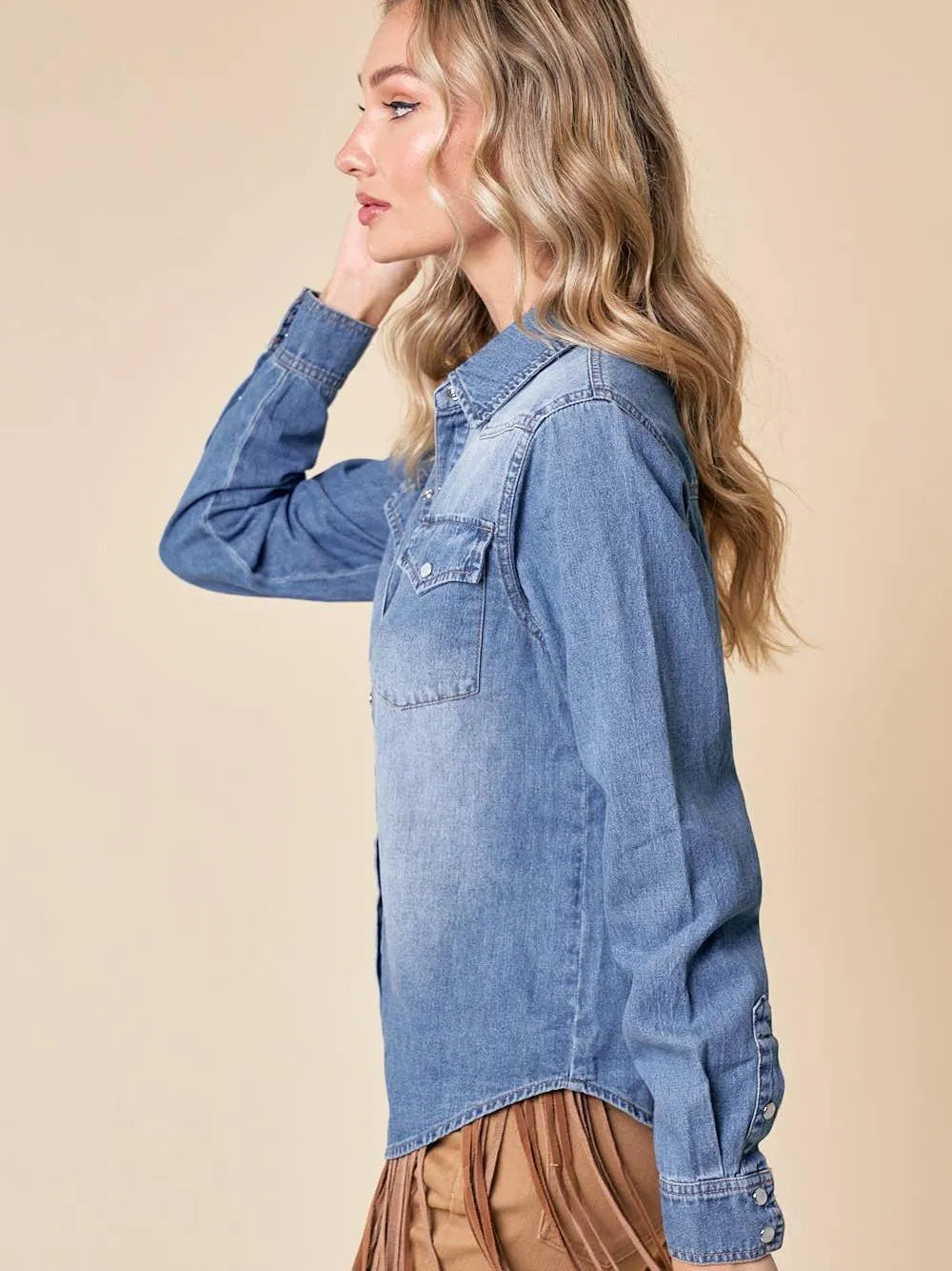 Playful Cowgirl Medium Wash Snap Button Western Denim Shirt-Women's Shirts & Tops-Shop Z & Joxa
