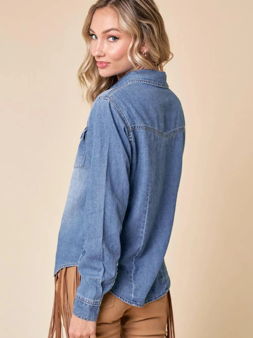 Playful Cowgirl Medium Wash Snap Button Western Denim Shirt-Women's Shirts & Tops-Shop Z & Joxa