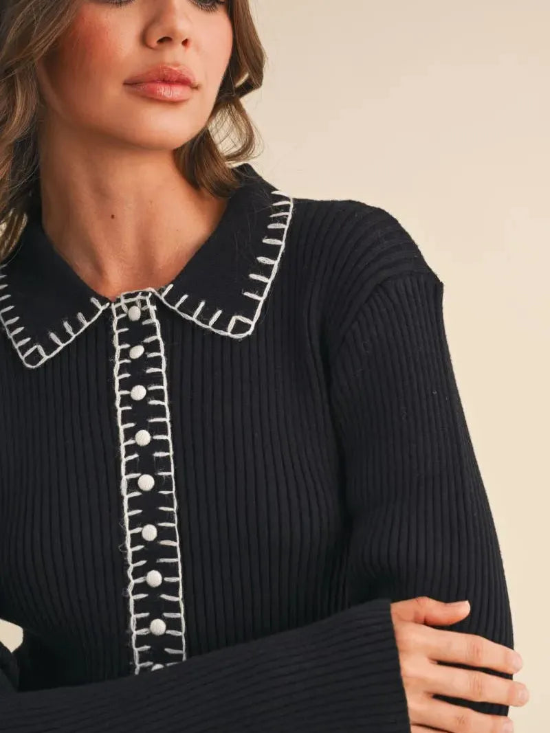Polished Edge Black Contrast Stitch Collared Ribbed Sweater-Women's Shirts & Tops-Shop Z & Joxa
